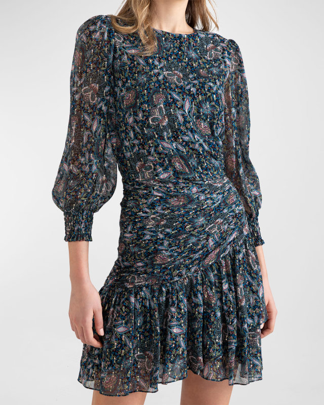 Delray Printed Blouson-Sleeve Mini Dress